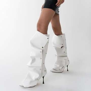 WIRALOMI Women's Slouchy Ruched Knee High Boots Black Stud Pointed Toe Stiletto Heels Casual Modern ...