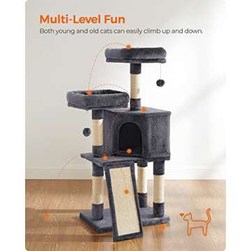 Feandrea Cat Tower, Cat Tree for Indoor Cats, 45.3-Inch Cat Condo with Scratching Post, Ramp, Perch, Spacious Cat Cave, for Kittens, Elderly Cats, Adult Cats, Small Space, Smoky Gray UPCT141G01
