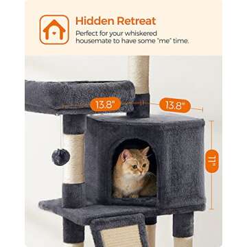Feandrea Cat Tower, Cat Tree for Indoor Cats, 45.3-Inch Cat Condo with Scratching Post, Ramp, Perch, Spacious Cat Cave, for Kittens, Elderly Cats, Adult Cats, Small Space, Smoky Gray UPCT141G01