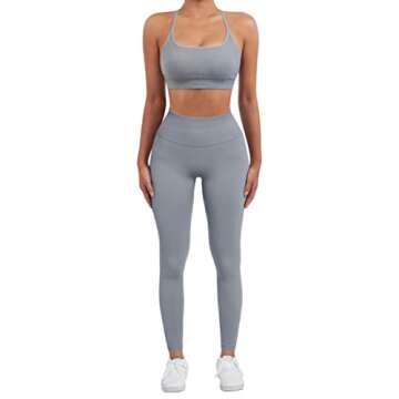 SUUKSESS Women Seamless 2 piece Workout Sets Strappy Padded Sports Bra Booty High Waisted Leggings Outfits (Grey Blue,S)