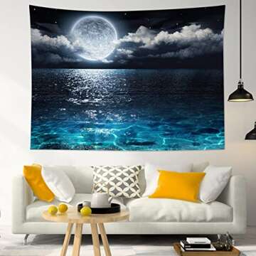 LB Moon Over Ocean Tapestry Wall Hanging | 3D Fantasy Art for Home Decor