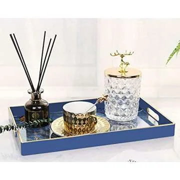 Zosenley Decorative Tray, Marbling Plastic Tray with Handles, Rectangular Vanity Tray and Serving Tray for Bathroom, Kitchen, Ottoman and Coffee Table, 15.6” x 10.2”, Blue