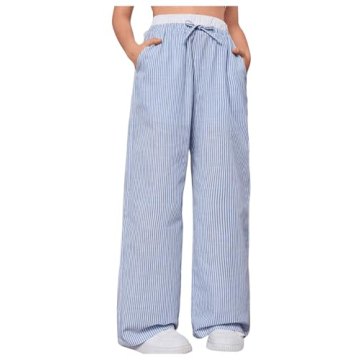 GORGLITTER Girl's Bow Tie High Waisted 2 in 1 Striped Wide Leg Pants Casual Blue Striped 14Y