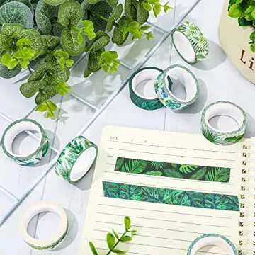 Whaline 12 Rolls Greenery Washi Tape Tropical Leaves Masking Tape 15mm Green Plants Cactus Succulents Summer Decorative Tape Sticker for Scrapbook Journal DIY Craft Gift Wrapping,16.4ft