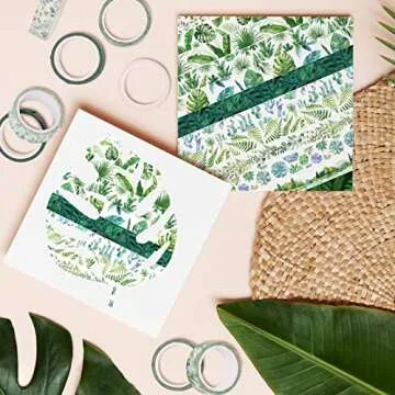 Whaline 12 Rolls Greenery Washi Tape Tropical Leaves Masking Tape 15mm Green Plants Cactus Succulents Summer Decorative Tape Sticker for Scrapbook Journal DIY Craft Gift Wrapping,16.4ft
