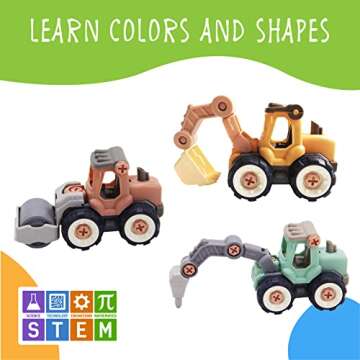 Kidtastic 4 Pack Vehicles Toys Take Apart STEM Learning Construction for Age 3, 4, 5, Bulldozer, Excavator, Digger, Roller, Toddler Tractor Toys, Take Apart Toys for Boys, Build a Truck, Screwdrivers