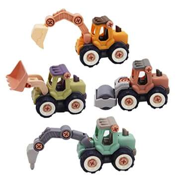 Kidtastic 4 Pack Vehicles Toys Take Apart STEM Learning Construction for Age 3, 4, 5, Bulldozer, Excavator, Digger, Roller, Toddler Tractor Toys, Take Apart Toys for Boys, Build a Truck, Screwdrivers