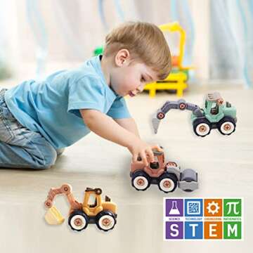 Kidtastic 4 Pack Vehicles Toys Take Apart STEM Learning Construction for Age 3, 4, 5, Bulldozer, Excavator, Digger, Roller, Toddler Tractor Toys, Take Apart Toys for Boys, Build a Truck, Screwdrivers
