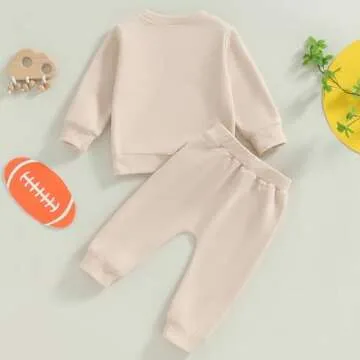 Omkzanbi Toddler Boy Football Outfit Game Day Sweatshirt Retro Rugby Jogger Pants Football 2Pcs Fall Winter Clothes Set 0-3T (Khaki, 18-24 Months)