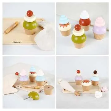 Pillowhale Wooden Cupcakes Toy,Kids Kitchen Playset,Pretend Play Food with Menu,Birthday Cake Toy for Toddlers Boys Girls Ages 3+