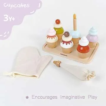 Pillowhale Wooden Cupcakes Toy,Kids Kitchen Playset,Pretend Play Food with Menu,Birthday Cake Toy for Toddlers Boys Girls Ages 3+