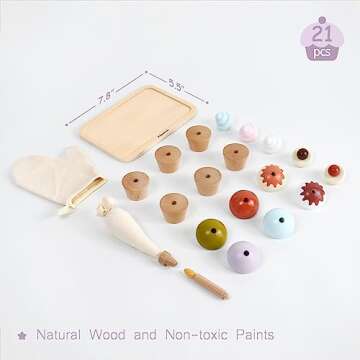 Pillowhale Wooden Cupcakes Toy,Kids Kitchen Playset,Pretend Play Food with Menu,Birthday Cake Toy for Toddlers Boys Girls Ages 3+