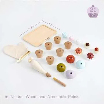 Pillowhale Wooden Cupcakes Toy,Kids Kitchen Playset,Pretend Play Food with Menu,Birthday Cake Toy for Toddlers Boys Girls Ages 3+