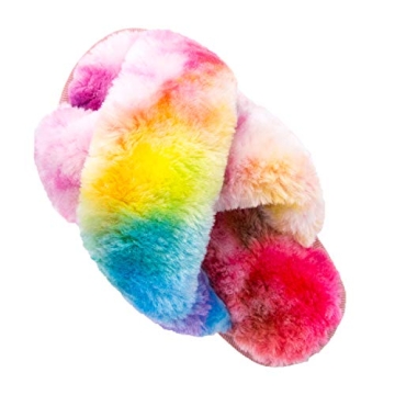 ISZPLUSH Girl's Fluffy Slippers - Cozy Slide Sandals for Kids in Tie Dye
