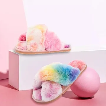 Fluffy Leopard Tie Dye Girls Slippers for Kids