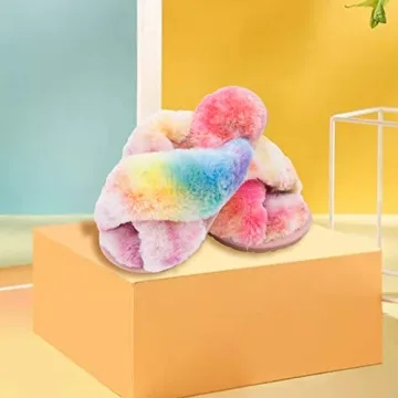 Fluffy Leopard Tie Dye Girls Slippers for Kids