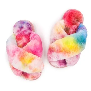 Fluffy Leopard Tie Dye Girls Slippers for Kids