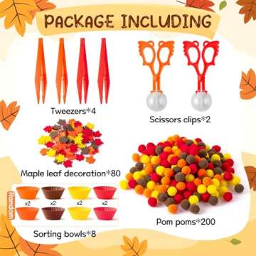 EZdhuawuse Fall Fine Motor Toys - 294P Fall Thanksgiving Counting Sorting Sensory Bin Filler Set for Kids Autumn Counting Toy with Felt Maple Leaf Pom Poms Cup Clip for Preschool Education Activities