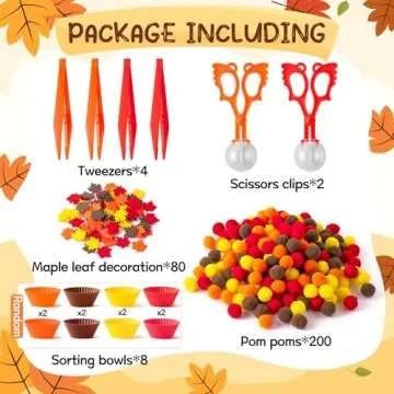 EZdhuawuse Fall Fine Motor Toys - 294P Fall Thanksgiving Counting Sorting Sensory Bin Filler Set for Kids Autumn Counting Toy with Felt Maple Leaf Pom Poms Cup Clip for Preschool Education Activities