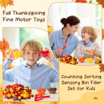 EZdhuawuse Fall Fine Motor Toys - 294P Fall Thanksgiving Counting Sorting Sensory Bin Filler Set for Kids Autumn Counting Toy with Felt Maple Leaf Pom Poms Cup Clip for Preschool Education Activities