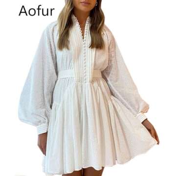 Aofur Summer Cotton V Neck Long Losse Sleeve Casual Party A-Line Dresses Embroidery Short Dress(X-Sm...