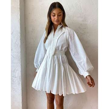 Aofur Summer Cotton V Neck Long Losse Sleeve Casual Party A-Line Dresses Embroidery Short Dress(X-Small,22202 White)