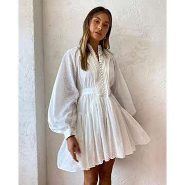 Aofur Summer Cotton V Neck Long Losse Sleeve Casual Party A-Line Dresses Embroidery Short Dress(X-Small,22202 White)