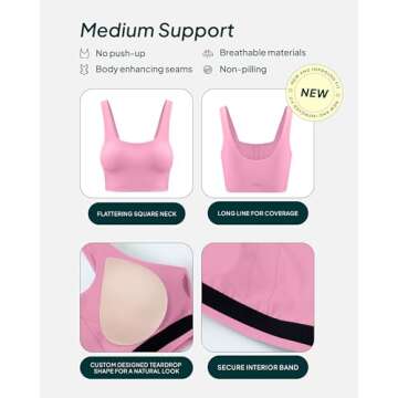 PAVOI ACTIVE Compression Sports Bras for Women | Medium Support Square Neck Longline Workout Bra Rem...