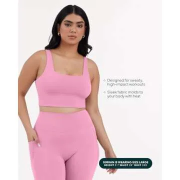 PAVOI ACTIVE Compression Sports Bras for Women | Medium Support Square Neck Longline Workout Bra Removable Pads | HiPerform | Small, Petal