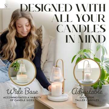 Flameless Candle Warmer Lamp for Jar Candles Large & Small – Dimmable Lamp Candle Warmer Electric with Large Marble Base & Adjustable Height – Candle Melter with Timer and 4 Halogen Light Bulbs