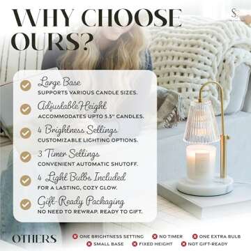 Flameless Candle Warmer Lamp for Jar Candles Large & Small – Dimmable Lamp Candle Warmer Electric with Large Marble Base & Adjustable Height – Candle Melter with Timer and 4 Halogen Light Bulbs