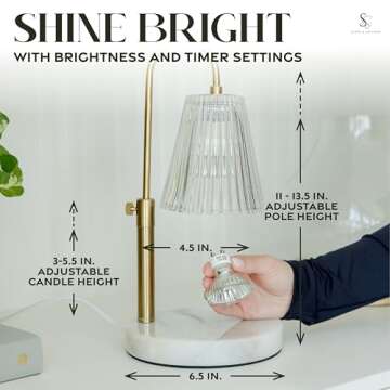 Flameless Candle Warmer Lamp for Jar Candles Large & Small – Dimmable Lamp Candle Warmer Electric with Large Marble Base & Adjustable Height – Candle Melter with Timer and 4 Halogen Light Bulbs