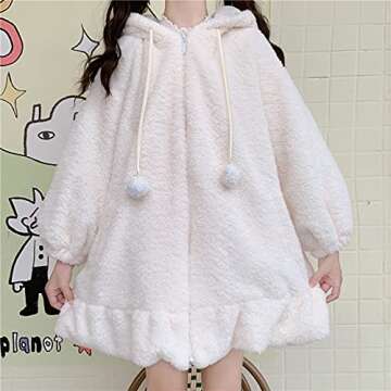 Women Cute Bunny Ear Long Sleeve Fuzzy Fluffy Rabbit Tops Sweatshirt Hoodie Jacket Coats White