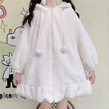 Women Cute Bunny Ear Long Sleeve Fuzzy Fluffy Rabbit Tops Sweatshirt Hoodie Jacket Coats White