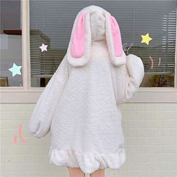 Women Cute Bunny Ear Long Sleeve Fuzzy Fluffy Rabbit Tops Sweatshirt Hoodie Jacket Coats White