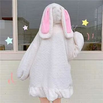 Women Cute Bunny Ear Long Sleeve Fuzzy Fluffy Rabbit Tops Sweatshirt Hoodie Jacket Coats White
