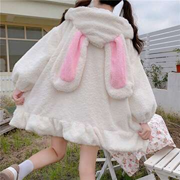 Women Cute Bunny Ear Long Sleeve Fuzzy Fluffy Rabbit Tops Sweatshirt Hoodie Jacket Coats White