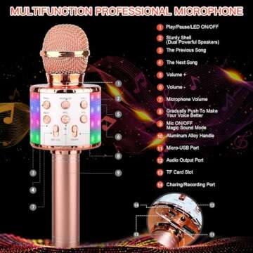 ShinePick Karaoke Microphone, 4 in 1 Wireless Microphone with LED Lights Handheld Portable Karaoke Machine, Home KTV Player, Compatible with Android & iOS Devices(Pink)