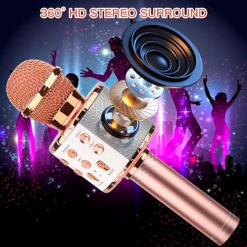 ShinePick Karaoke Microphone, 4 in 1 Wireless Microphone with LED Lights Handheld Portable Karaoke Machine, Home KTV Player, Compatible with Android & iOS Devices(Pink)