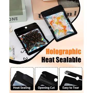 Colemoly Black Resealable Bags Holographic Bags Packaging Bags 300 PCS with Clear Window for Food Storage Jewelry Supplies Small Business (Outer Size 3.54x5.31 Inch/Inner Size 3x4 Inch)