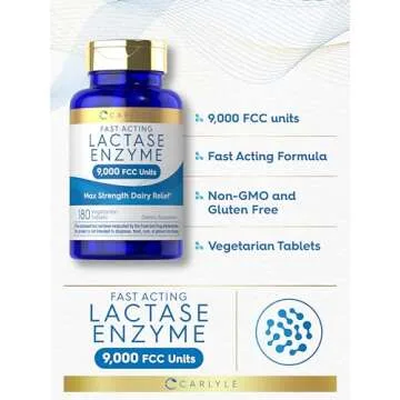 Carlyle Lactase Enzyme Pills 9000 FCC | 180 Tablets | Fast Acting Dairy Relief Supplement | Max Strength Support | Non-GMO, Gluten Free