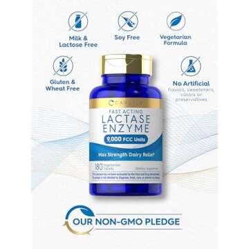 Carlyle Lactase Enzyme Pills 9000 FCC | 180 Tablets | Fast Acting Dairy Relief Supplement | Max Strength Support | Non-GMO, Gluten Free