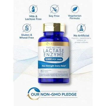 Carlyle Lactase Enzyme Pills 9000 FCC | 180 Tablets | Fast Acting Dairy Relief Supplement | Max Strength Support | Non-GMO, Gluten Free