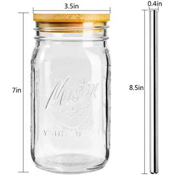 Mason 32oz Reusable Glass Cups with Bamboo Lids & Silver Straws, 4 Pack, Wide Mouth Smoothie Cups fo...