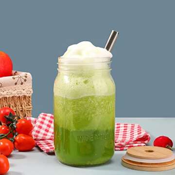 Mason 32oz Reusable Glass Cups with Bamboo Lids & Silver Straws, 4 Pack, Wide Mouth Smoothie Cups for Iced Coffee Travel Bottle, BPA Free