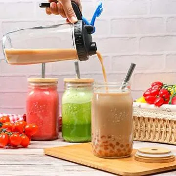 Mason 32oz Reusable Glass Cups with Bamboo Lids & Silver Straws, 4 Pack, Wide Mouth Smoothie Cups for Iced Coffee Travel Bottle, BPA Free