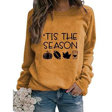 Womens It's The Season Fall Sweatshirt Pumpkin Football Leaf Coffee Mug Cute Long Sleeve Graphic Pullover Tops Shirts, Yellow