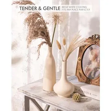 Beige White Ceramic Rustic Vase Set - 4 for Flowers Pampas Grass, Bookshelf Decor, Dining Table, Modern Farmhouse Decor