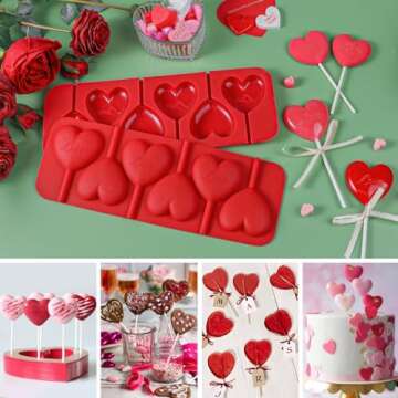 Webake Heart Lollipop Molds 6 Holes Heart Shaped Chocolate Candy Sucker Molds with Lollipop Sticks, ...