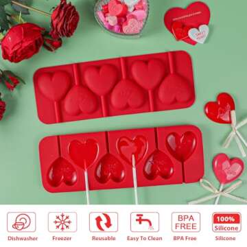 Webake Heart Lollipop Molds 6 Holes Heart Shaped Chocolate Candy Sucker Molds with Lollipop Sticks, Heart Silicone Molds for Chocolate, Candy, Cake Pop, Cake Decorations, Pack of 2